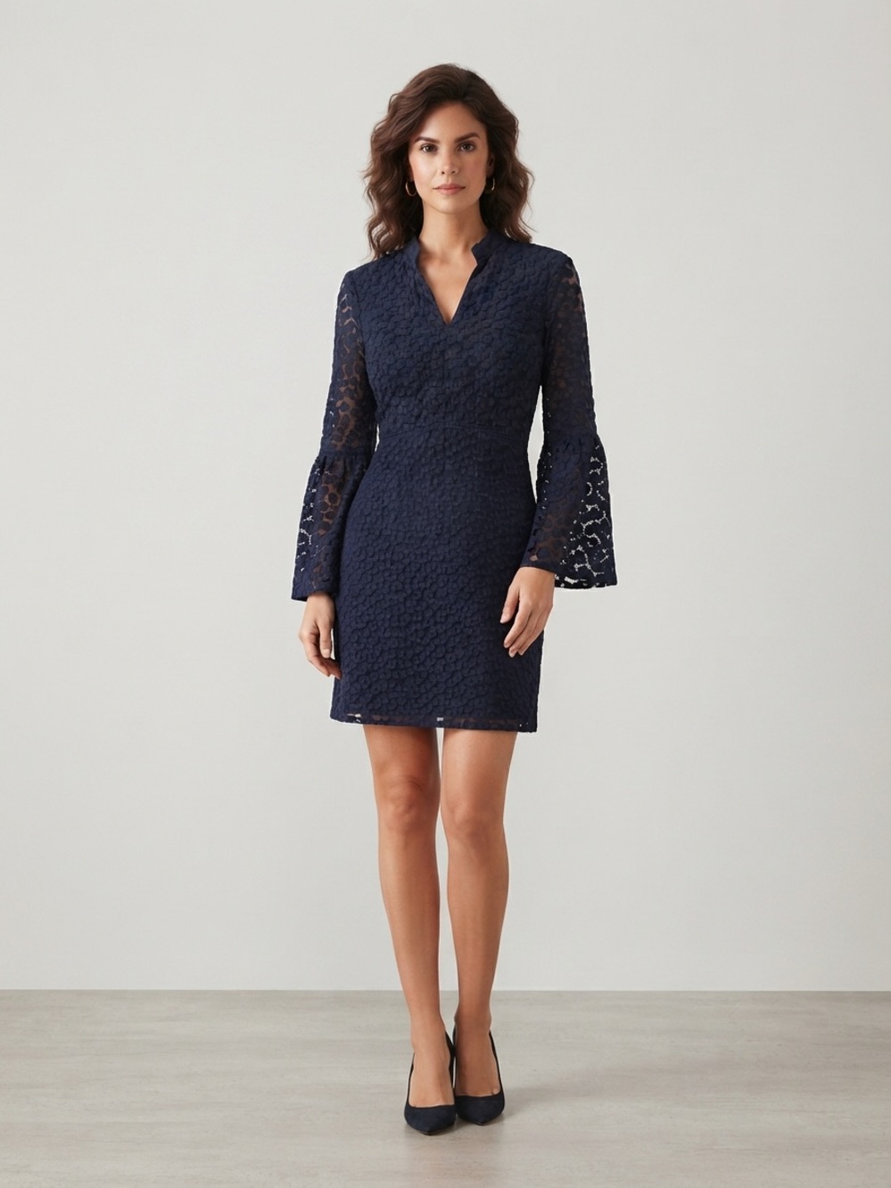 Banana Republic Navy Lace V‑Neck Fit & Flare Dress with Bell Sleeves - Picture 2 of 3